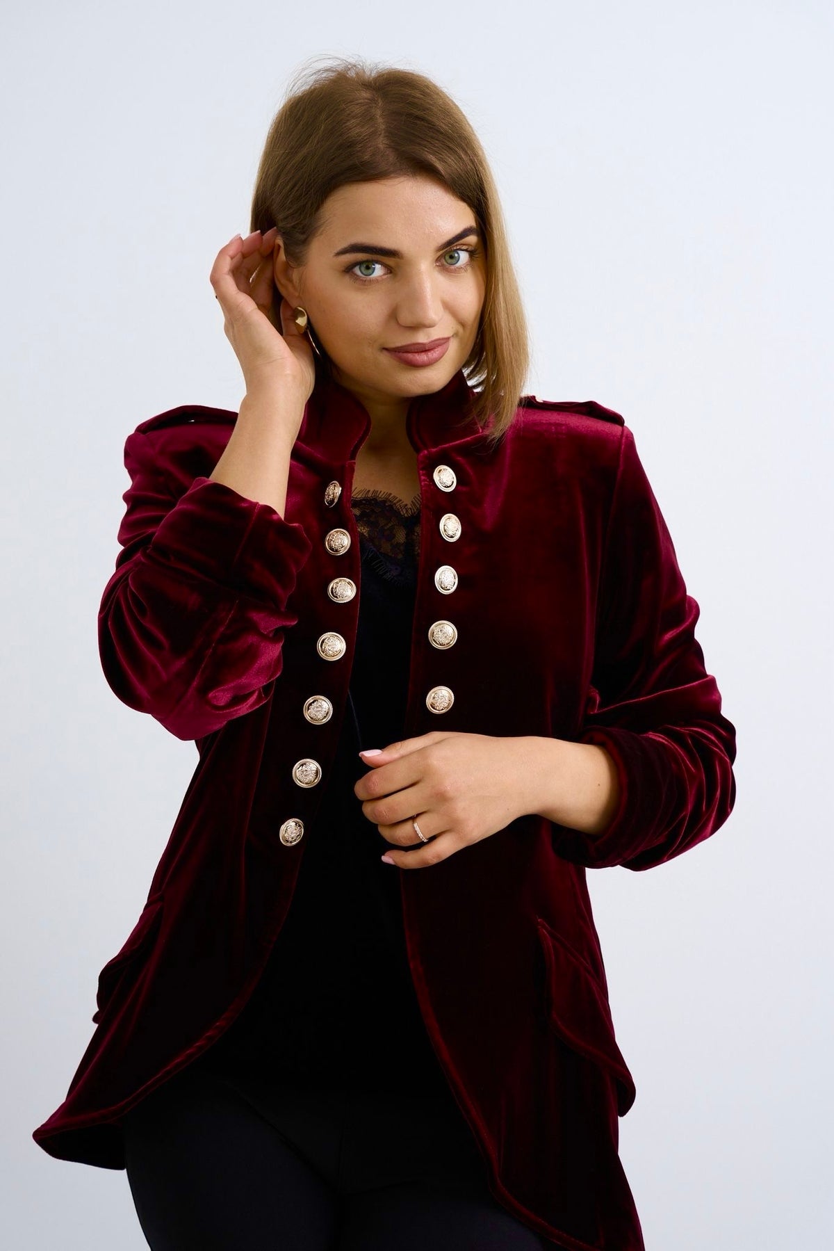 Velvet Military Jacket - Burgundy