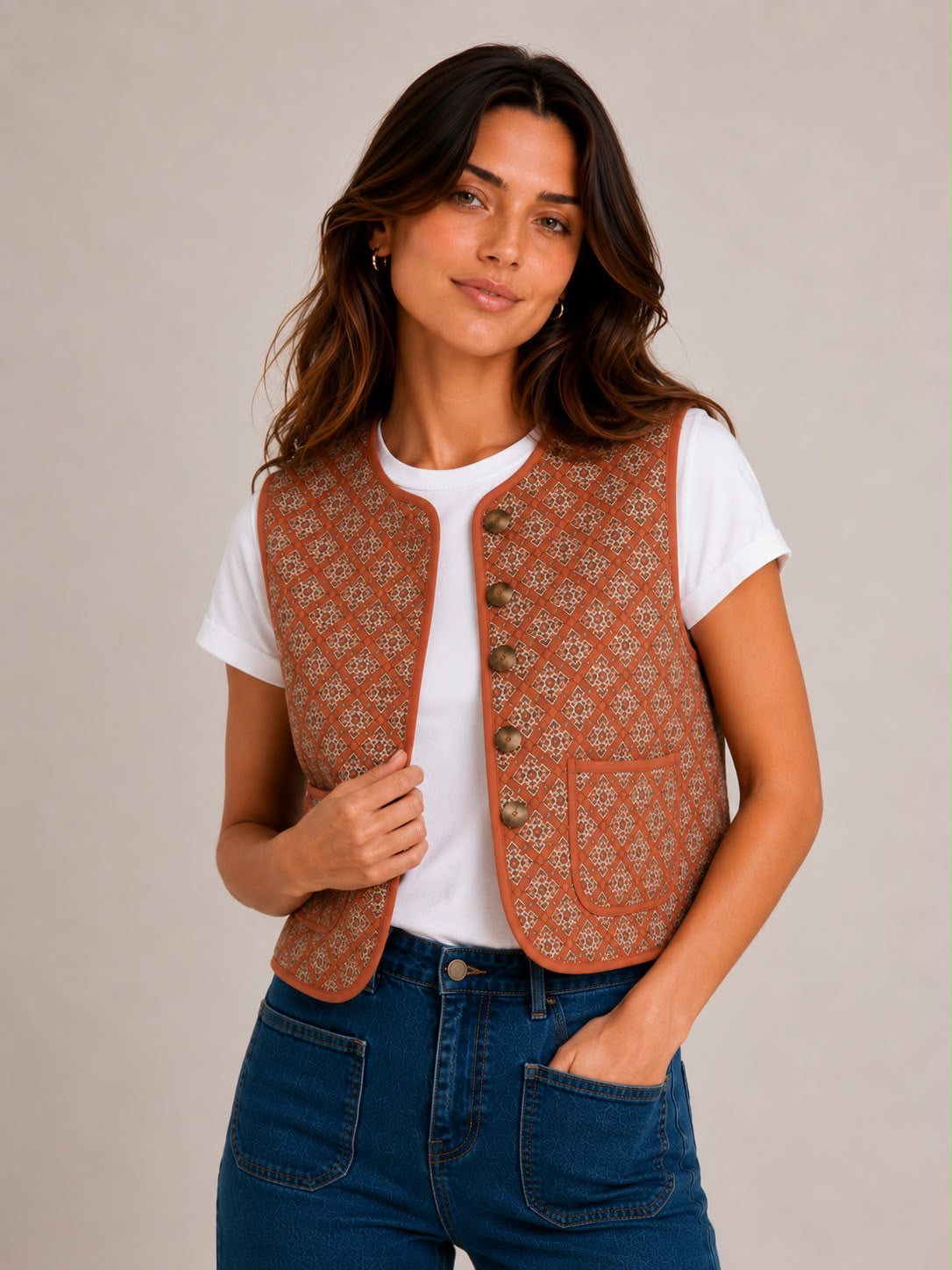 Print Waistcoat - Tan