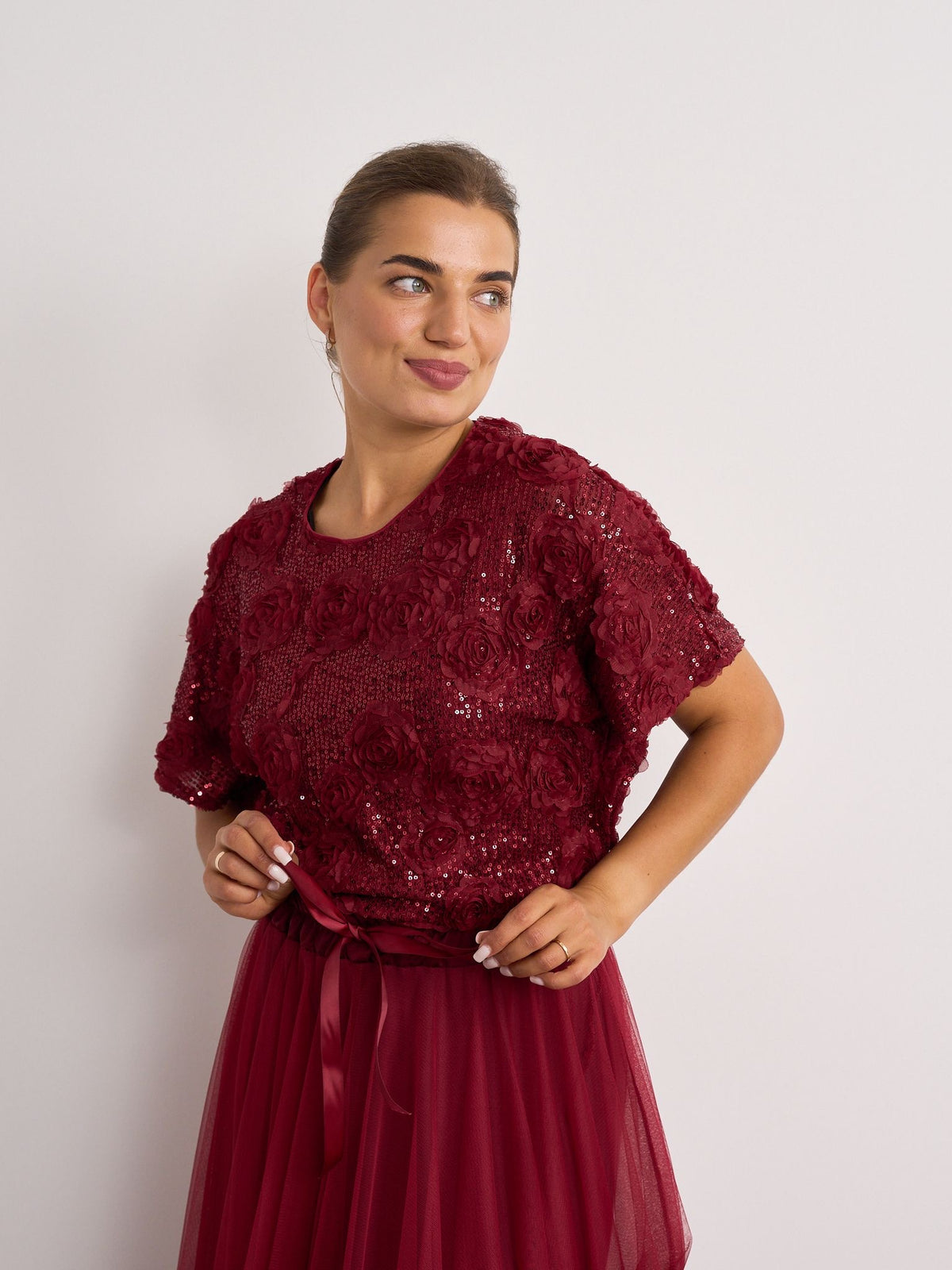Rose Sequin Top - Burgundy