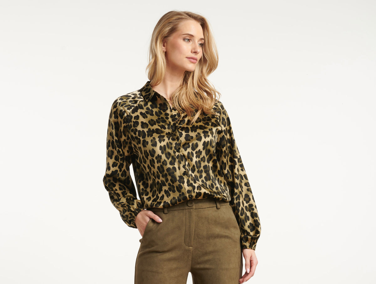 SL Leo Print Satin Blouse - Khaki