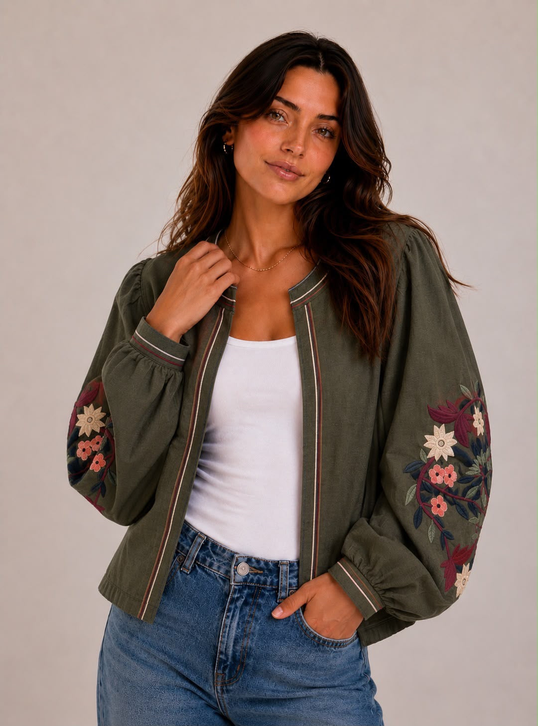 Embroidered Jacket - Khaki