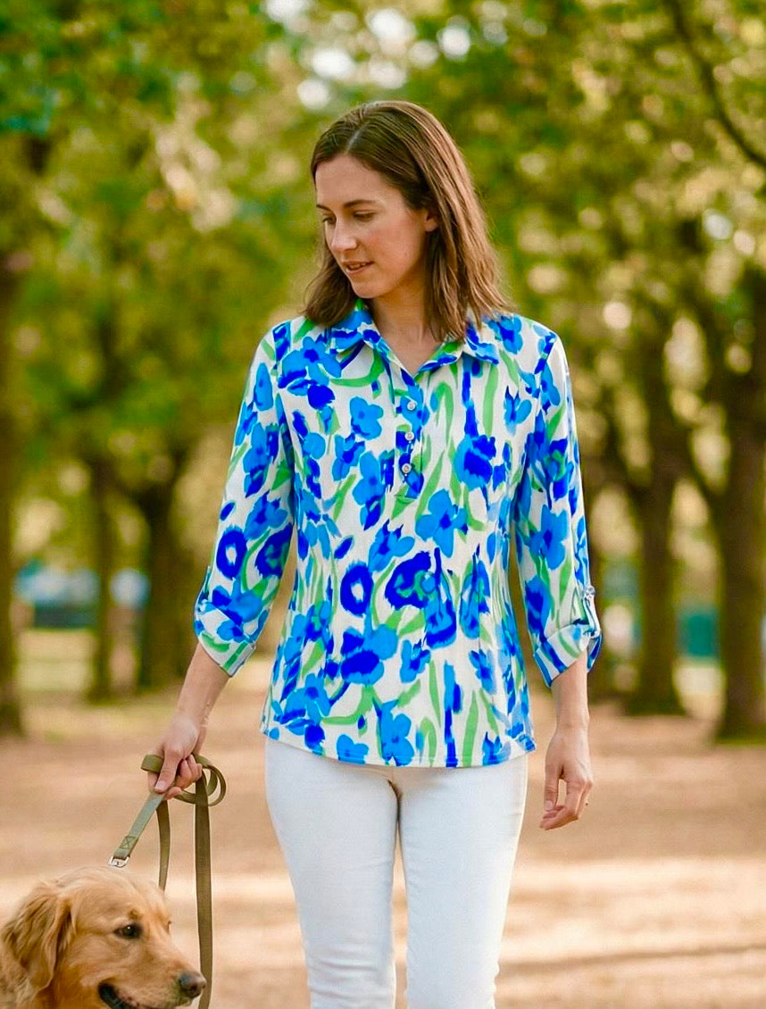 3 Button Collar Top - Blue/Green