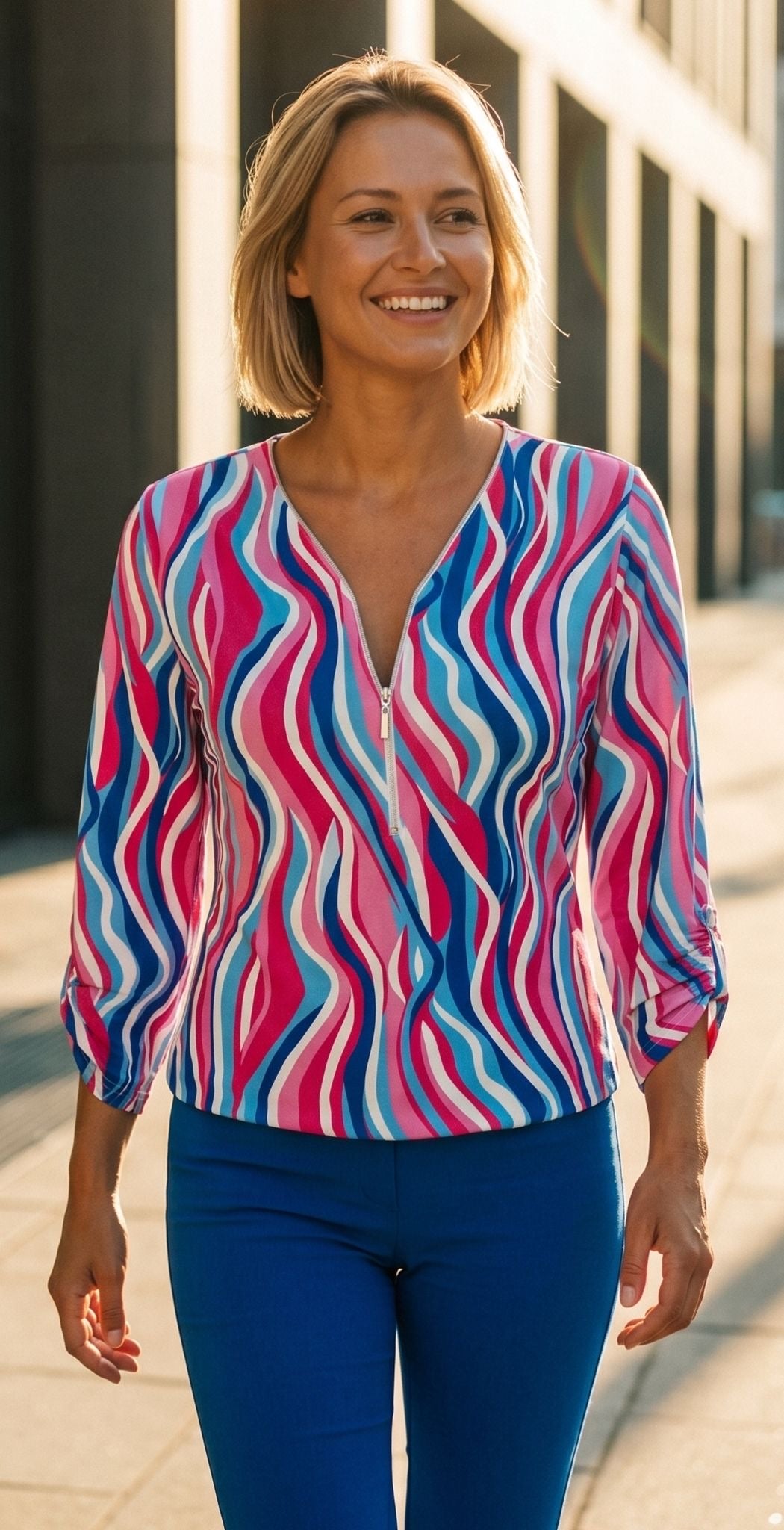 V-neck Zip Top - Pink/Blue