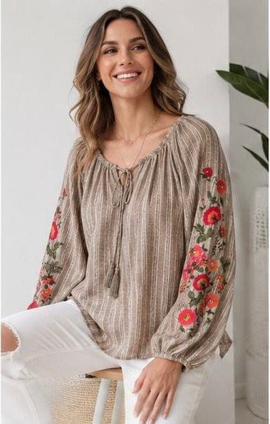 Embroidered Stripe Blouse - Mocha
