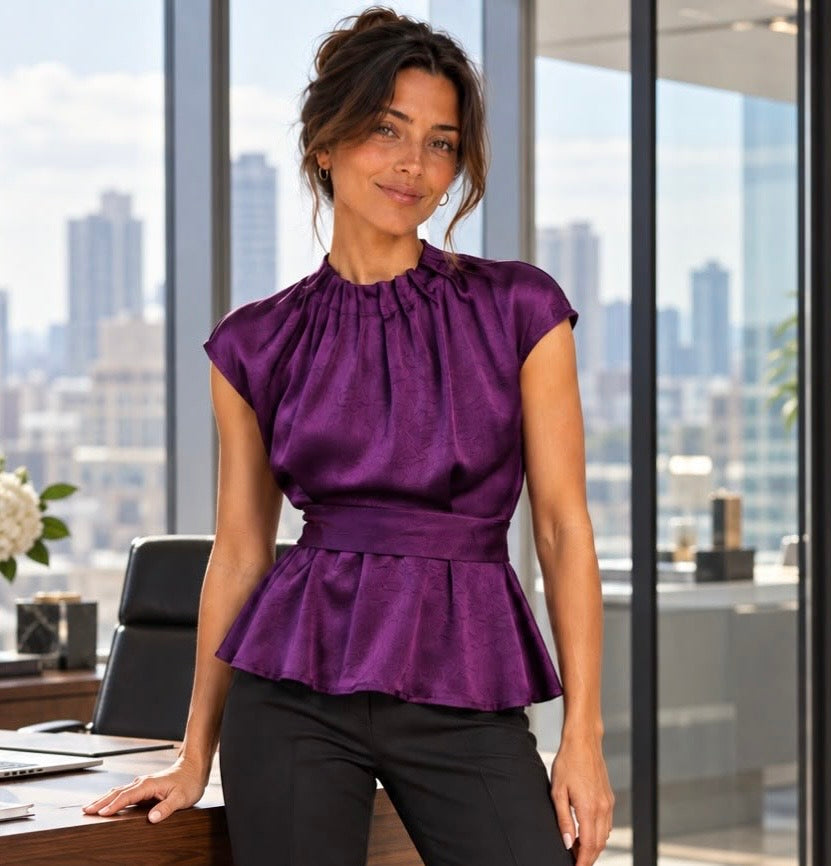 Satin Peplum Top - Grape