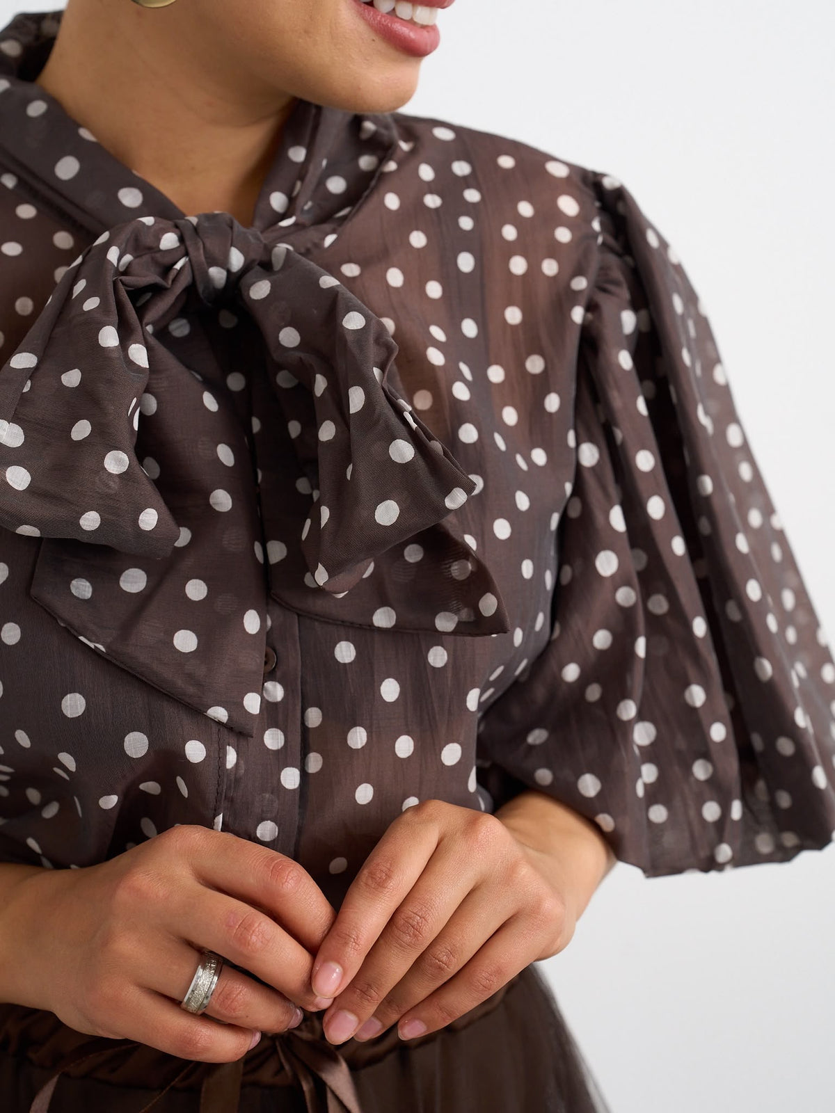 Spot Bow Blouse - Brown