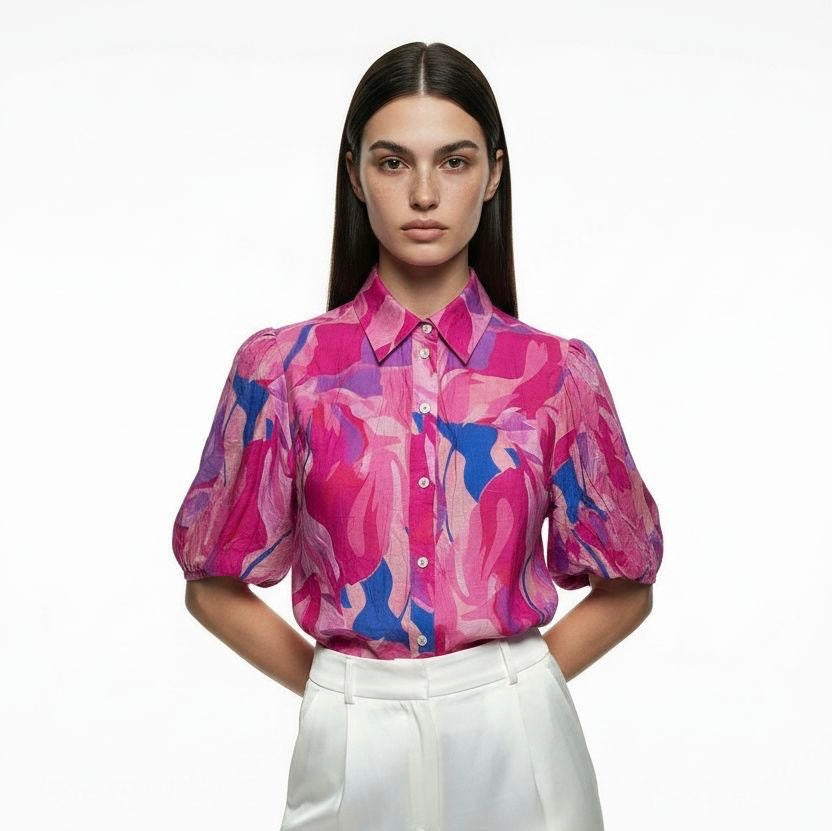 Leaf Print Blouse - Cerise