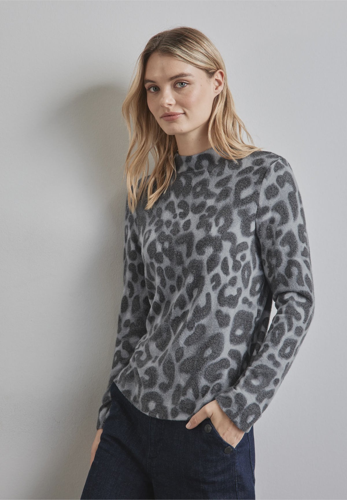 STREET ONE Leo Print Turtle Sweater - Grey