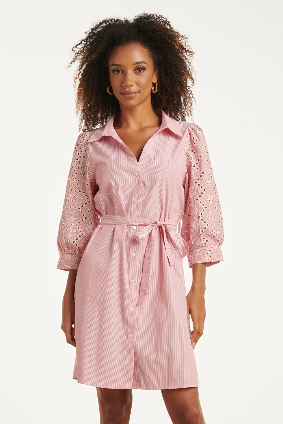 Shirt Dress/Broderie Sleeve - Red/white