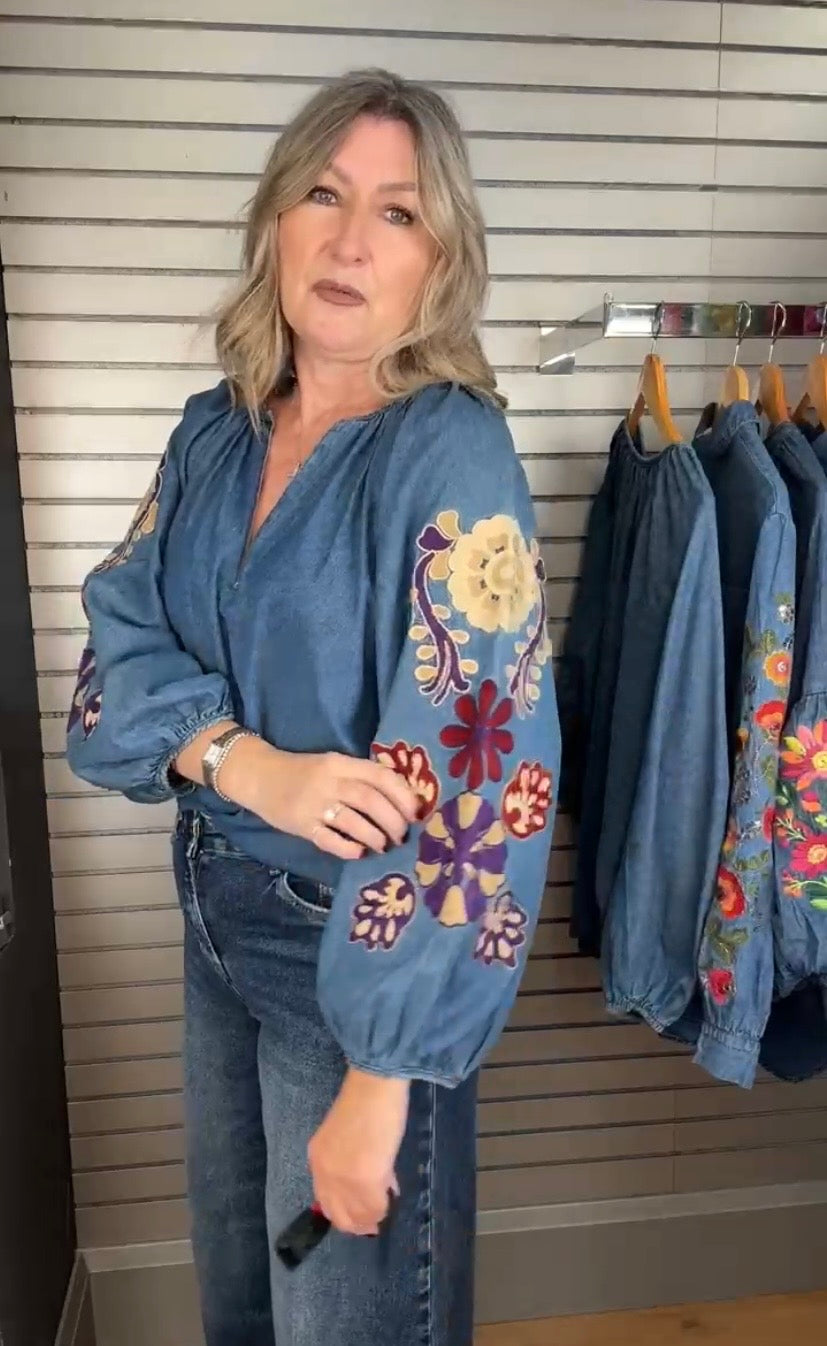 Embroidered Denim Blouse
