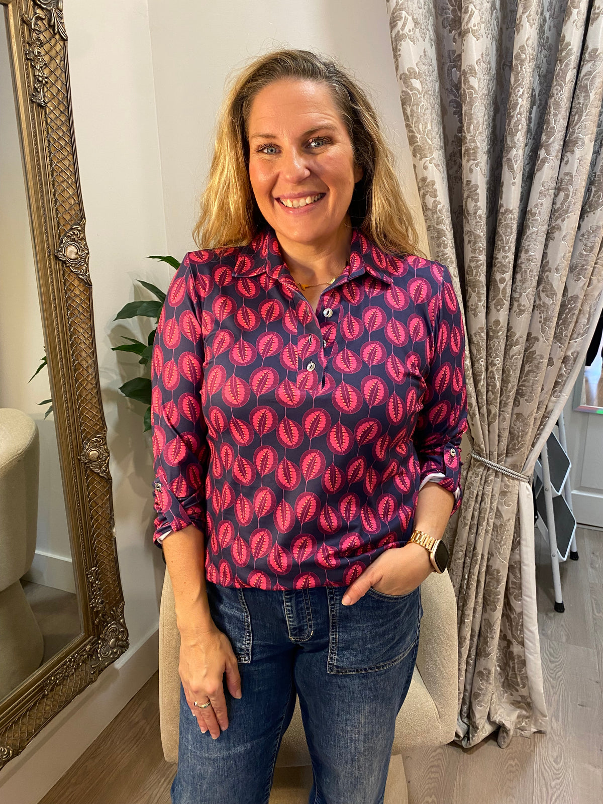 Button/Collar Top -Cerise