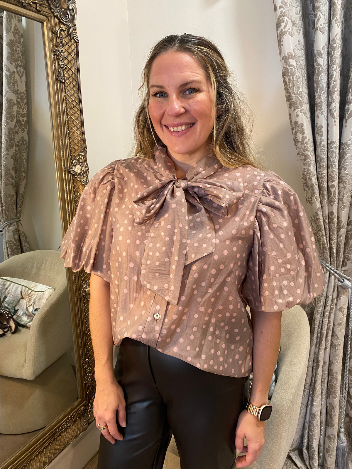 Spot Bow Blouse - Blush