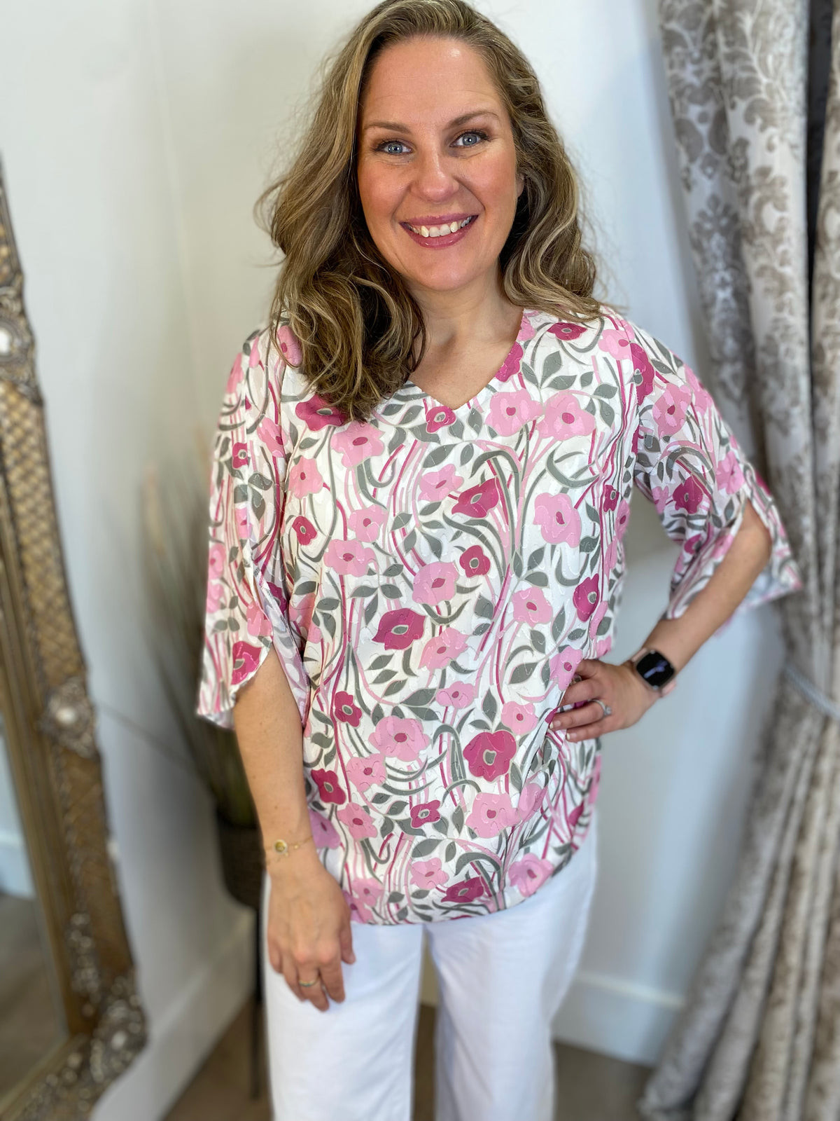 YEW Chiffon Top - Pink/Khaki