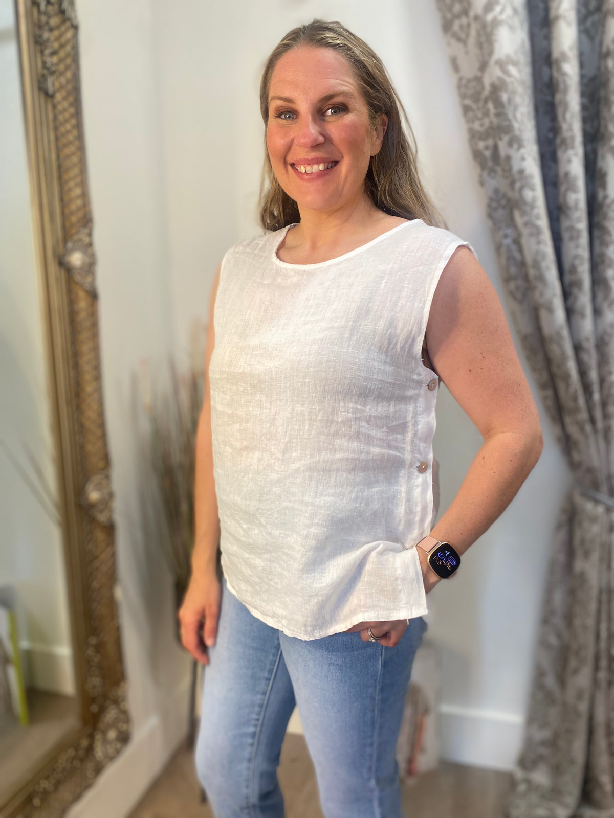 Side Button Linen Look Top - White
