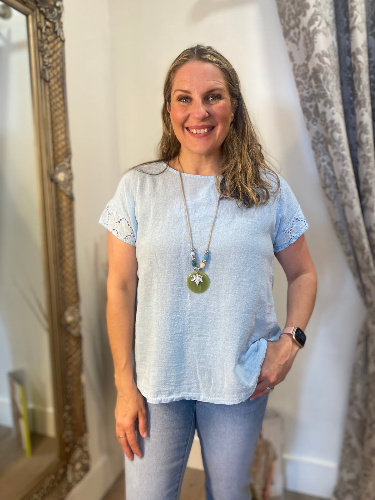 Button/Back Linen look Top - Blue