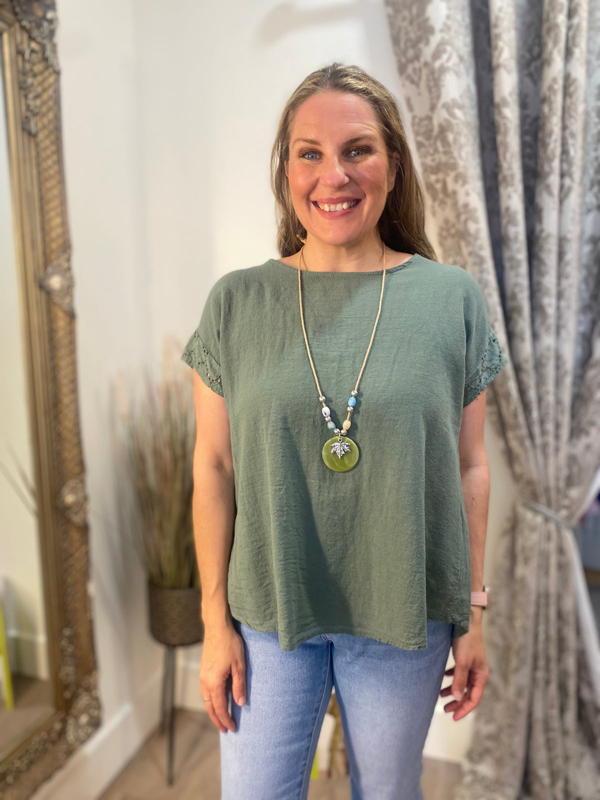 Button/Back Linen Look Top - Khaki