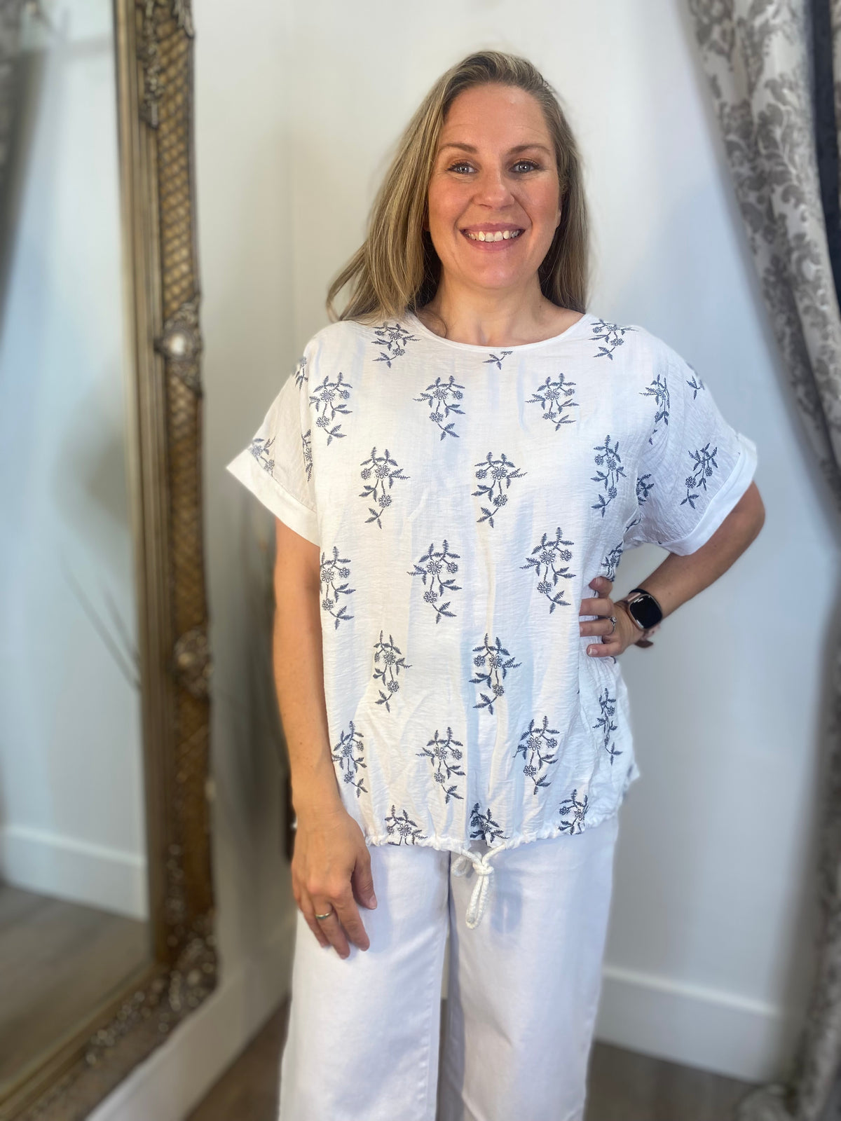Cotton String Hem Top - White/Navy