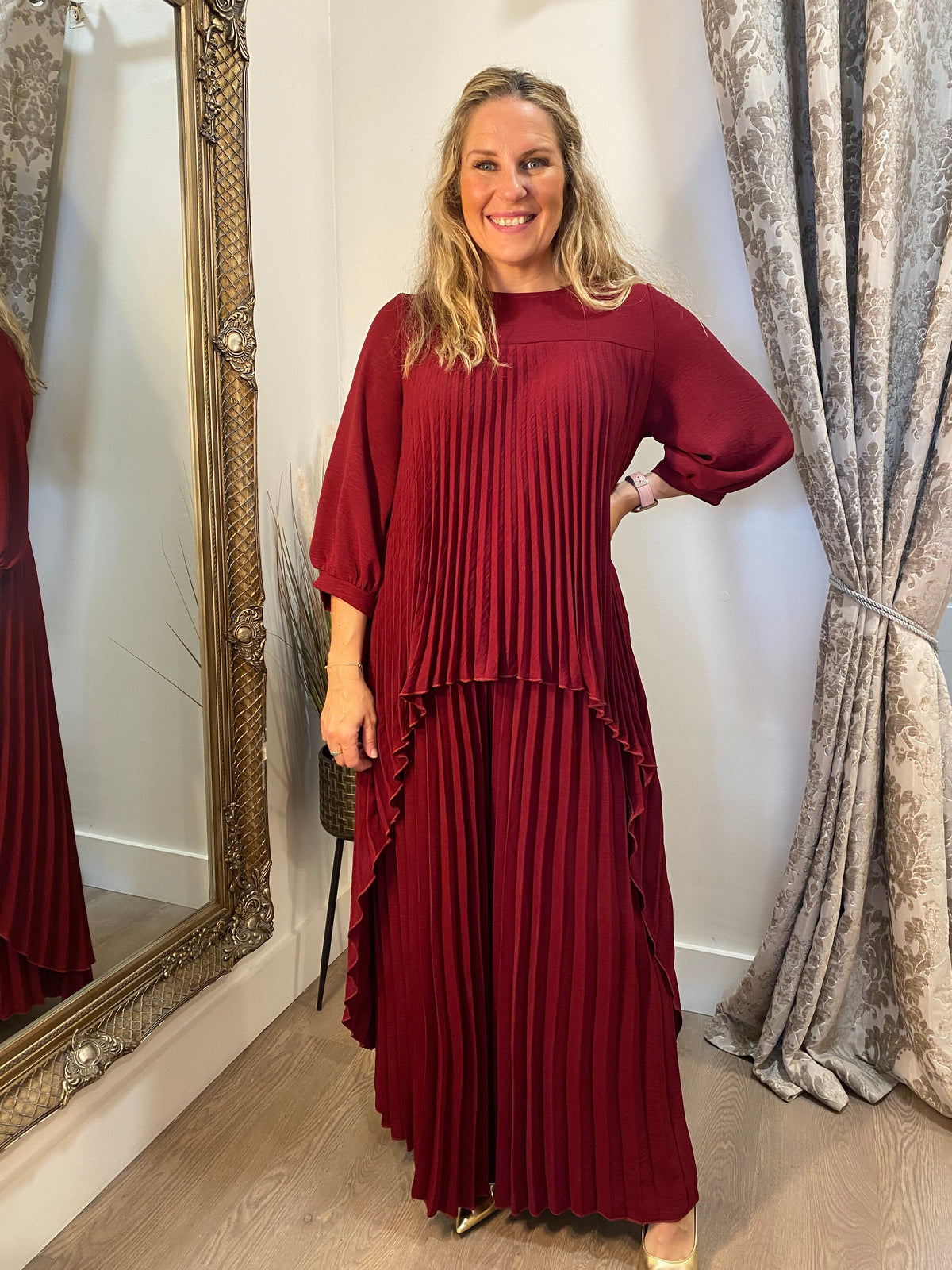 Pleated Trouser Set - Berry