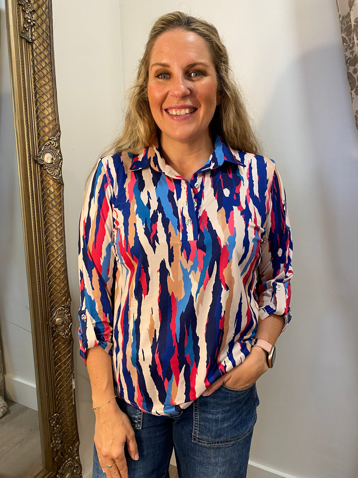 YEW Collar/3 Button Top - Blue/Pink