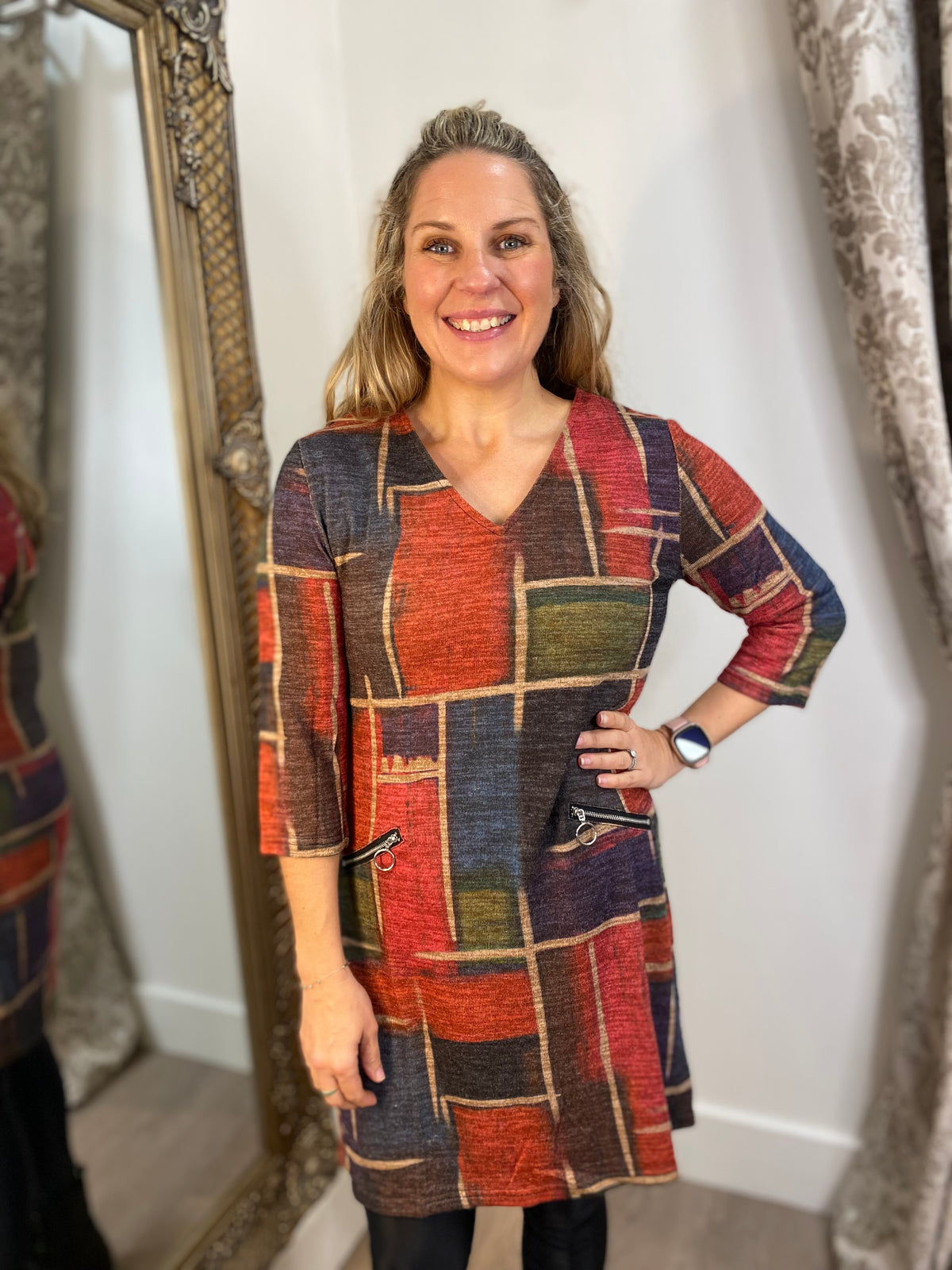 VEGAS Squares Print V-neck Dress - Rust