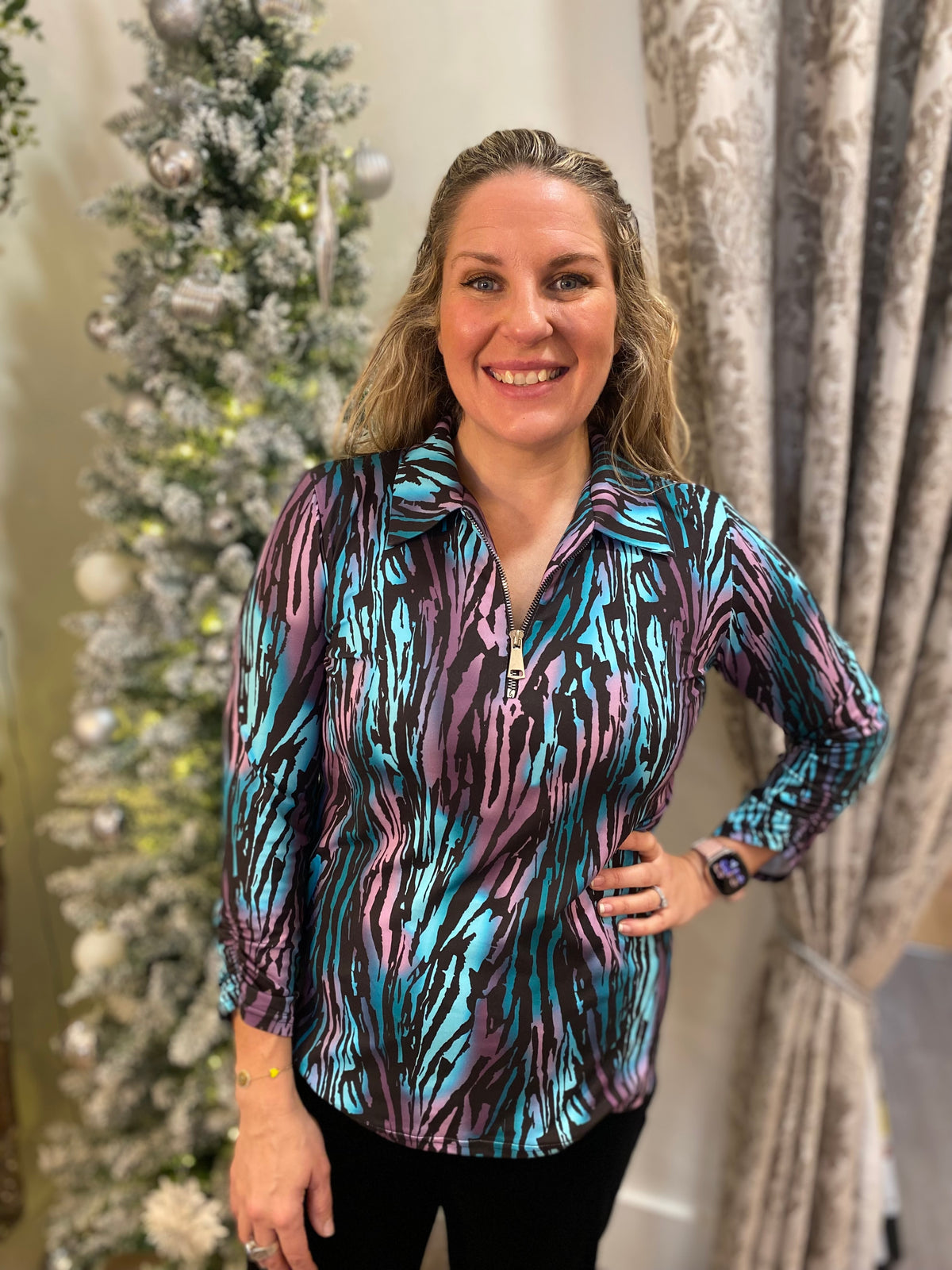 YEW Zip Collar Top -Purple/Turquoise