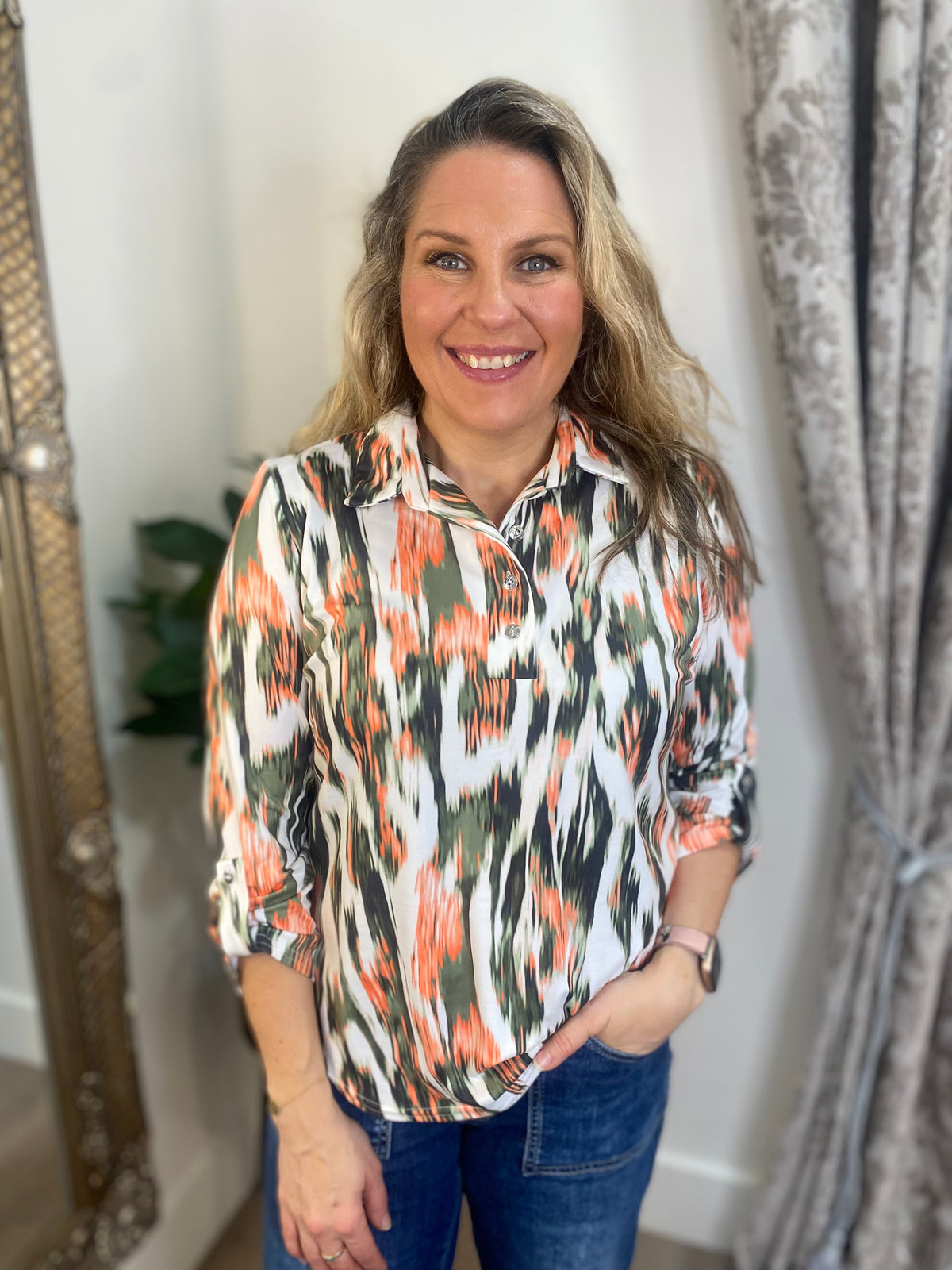 Button/Collar Top - Khaki/Orange