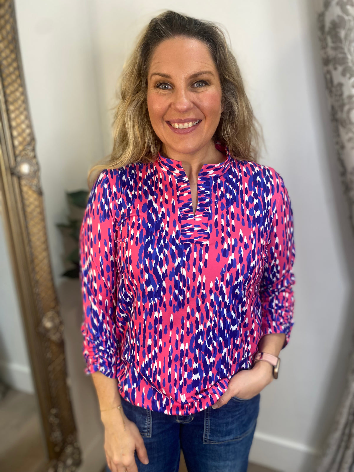 Mandarin Collar Top - Pink/Royal