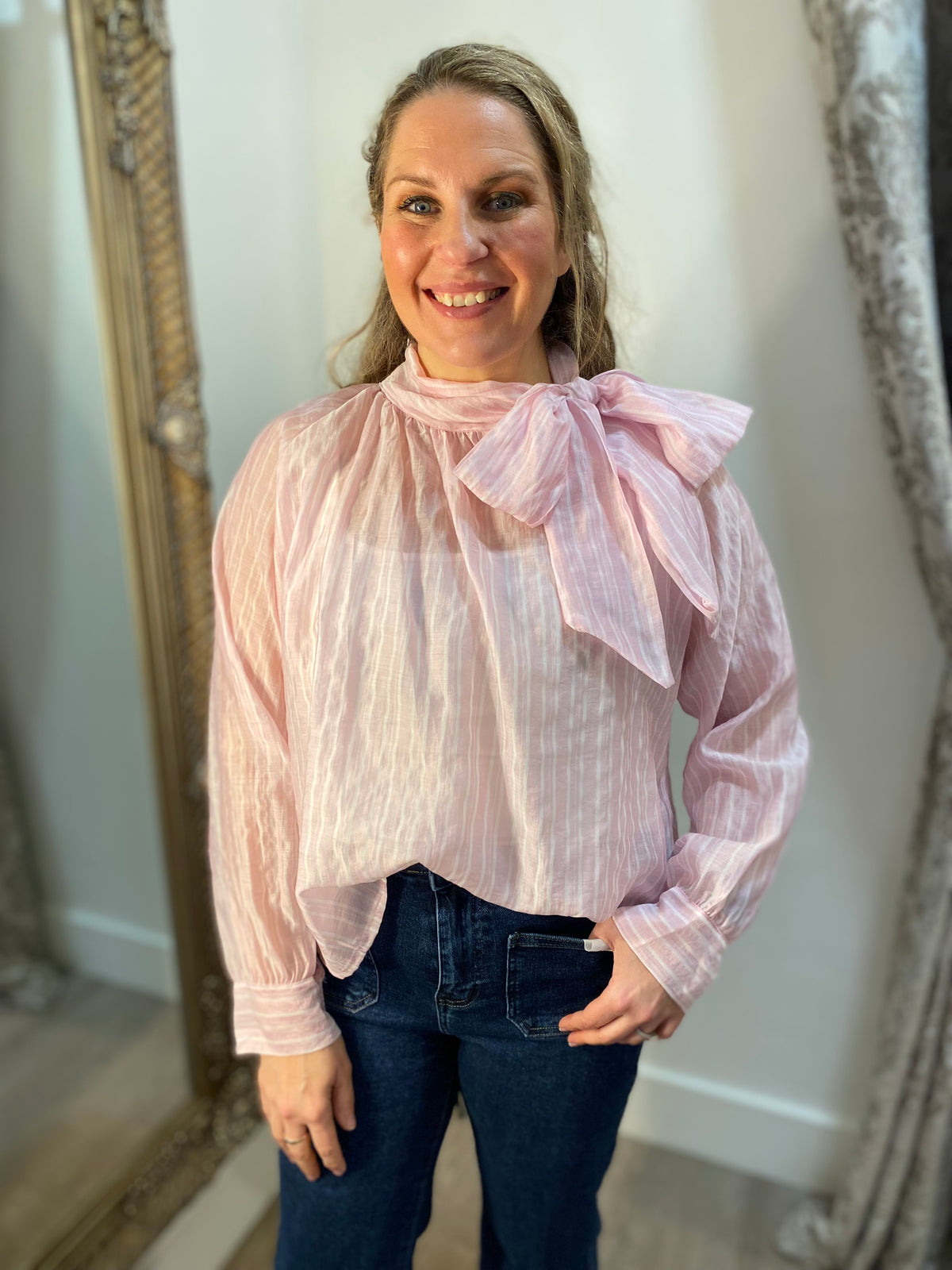 Bow Stripe Blouse - Pink