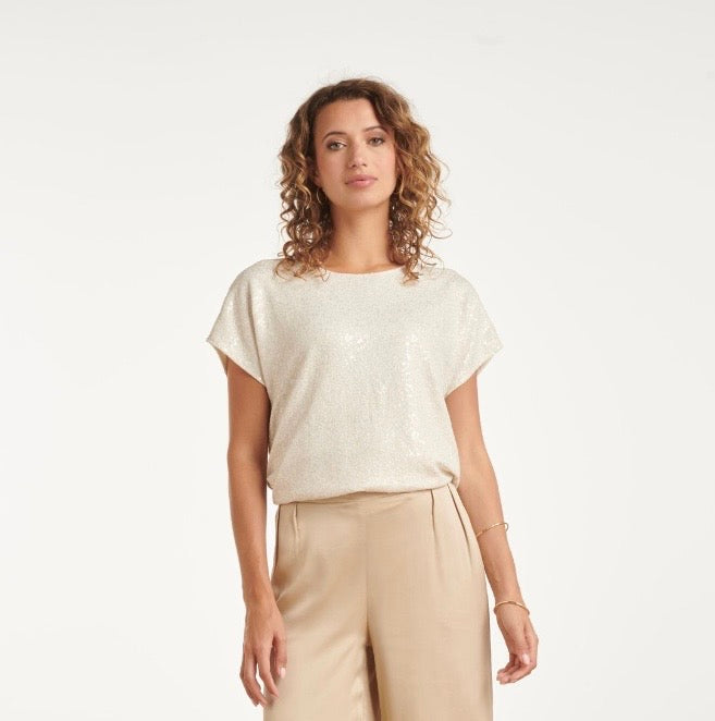 Sequin Short Sleeve Top - Cream
