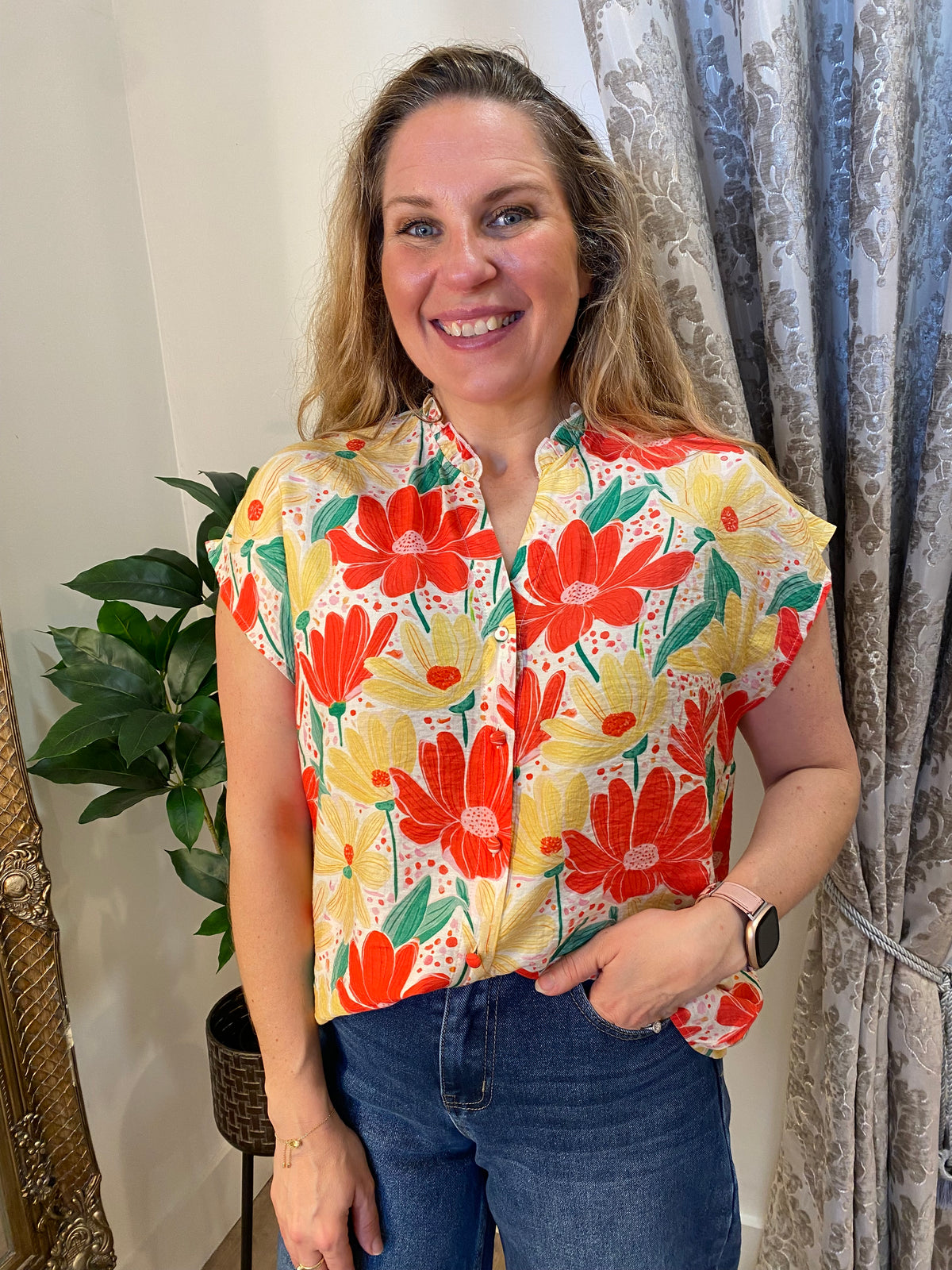 Print Blouse- Lemon/Coral