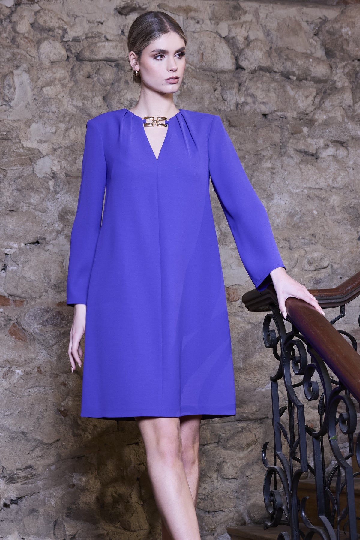 KCAW24114 Shift Dress with Clasp Neckline - Purple