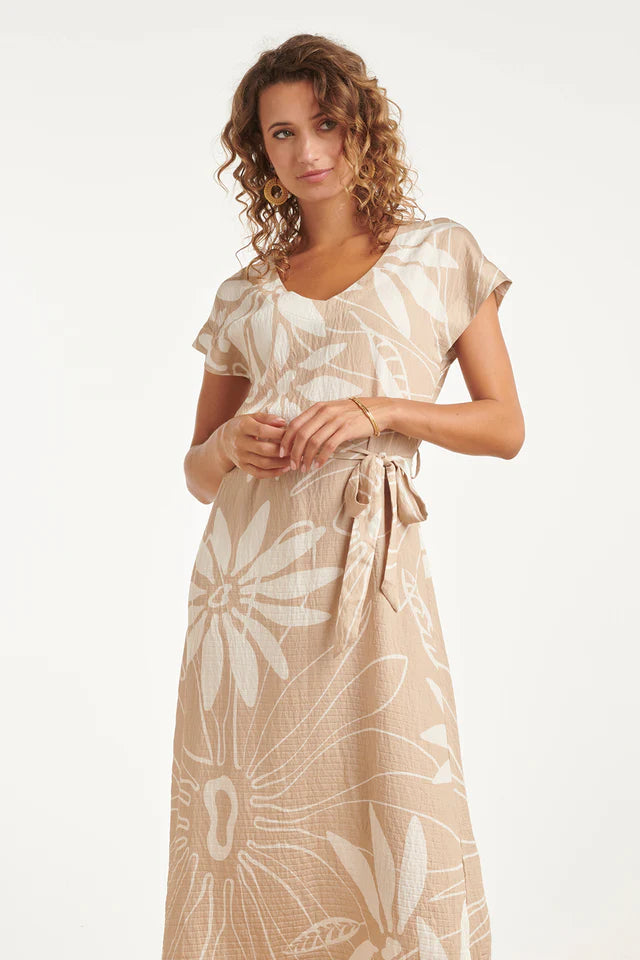 Floral Midi Dress/Short Sleeve - Sand/White