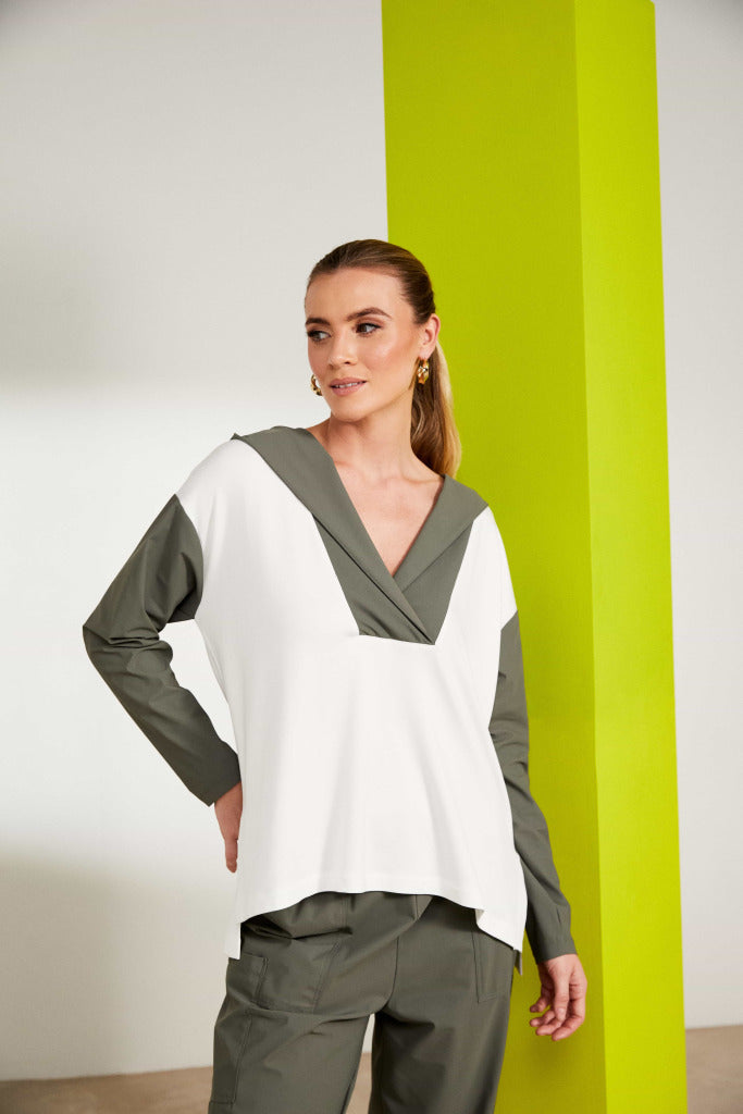 Hooded top with contrast wrap over neckline and sleeve Army/Off white  NAS25131