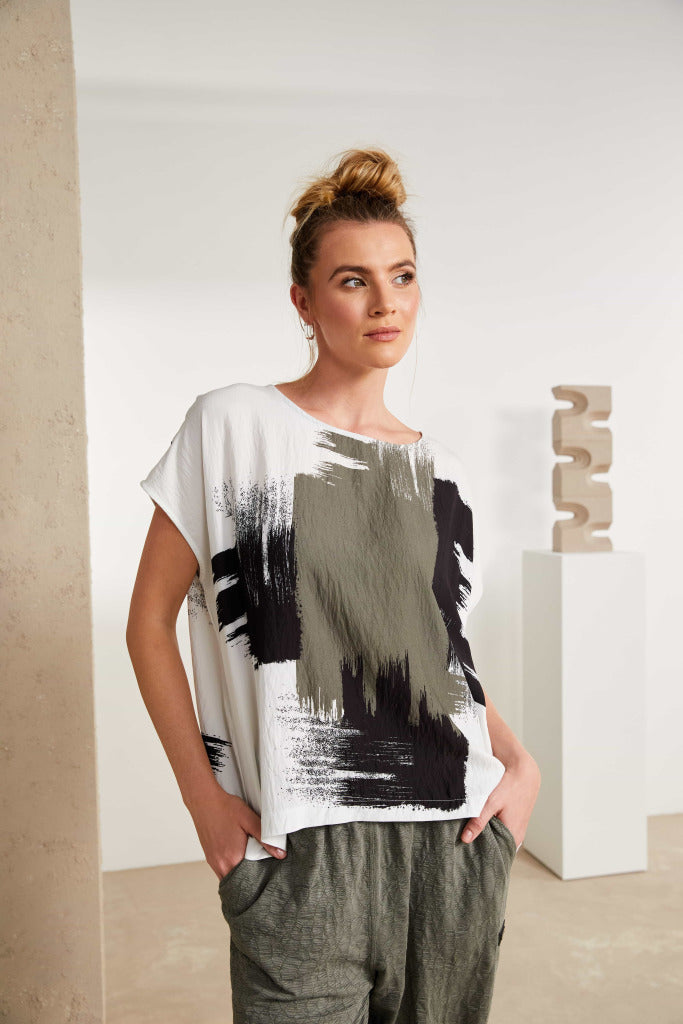 Brush stroke print round neck top White/Army NAS25172