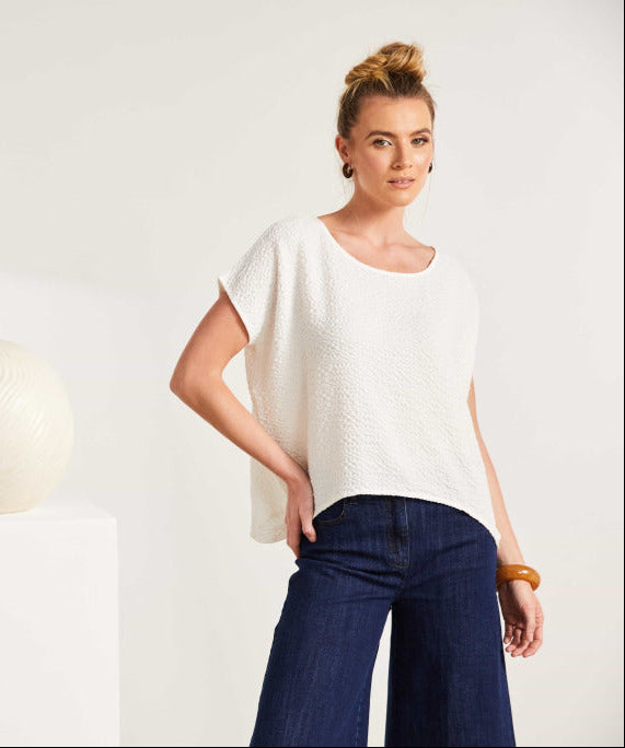 Round neck embossed top with extended shoulderline Cream  NAS25335