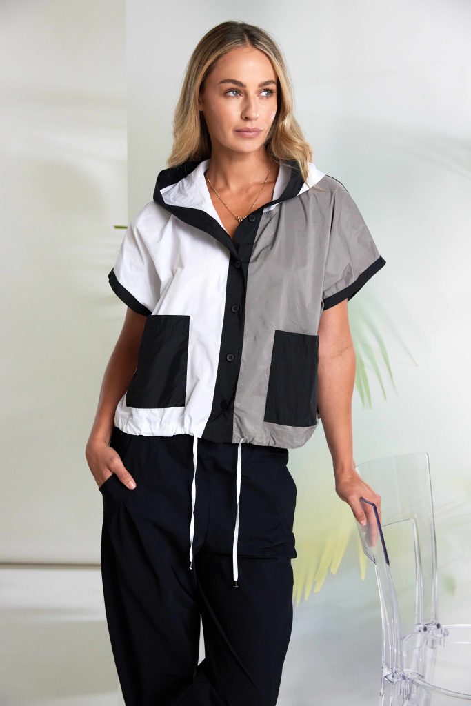 Two tone hooded jacket with contrast panel and pockets White/Taupe NAS26117