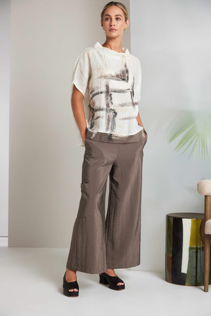 Wide leg trouser with contrast  waist and front section Taupe NAS26266