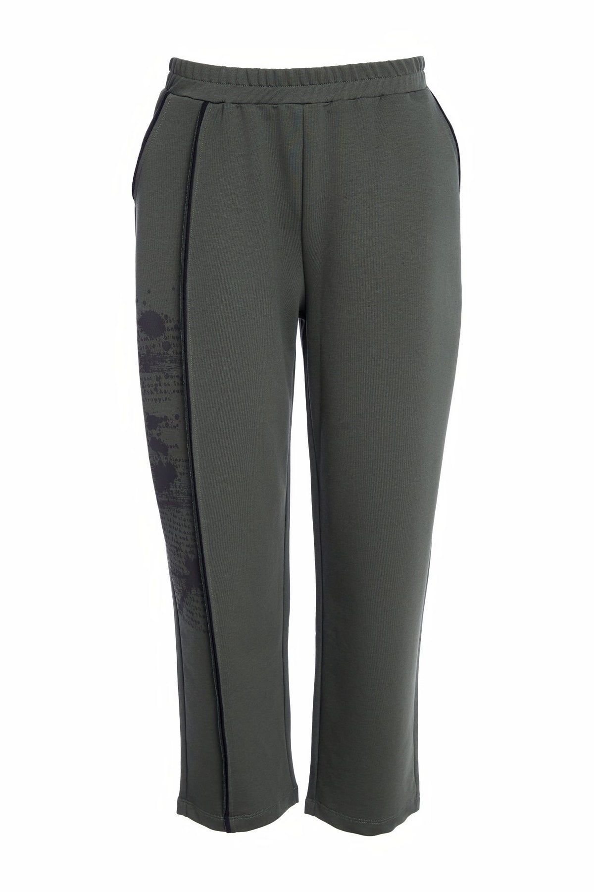 Slim leg trouser with  contrast binding and print detail at side leg -Forest/Black