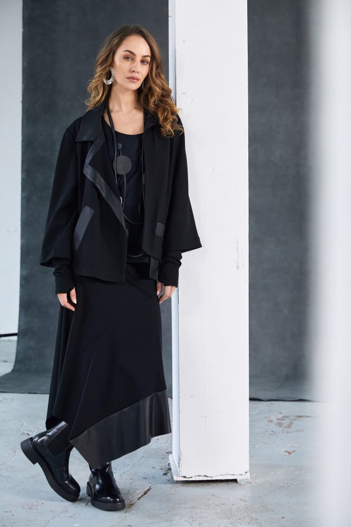 Wrap Jacket with Leatherette Collar-Black