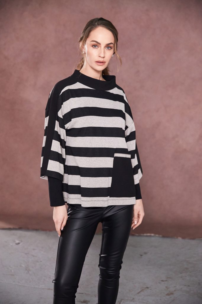 High neck stripped top with contrast sections and pocket-Black/Taupe
