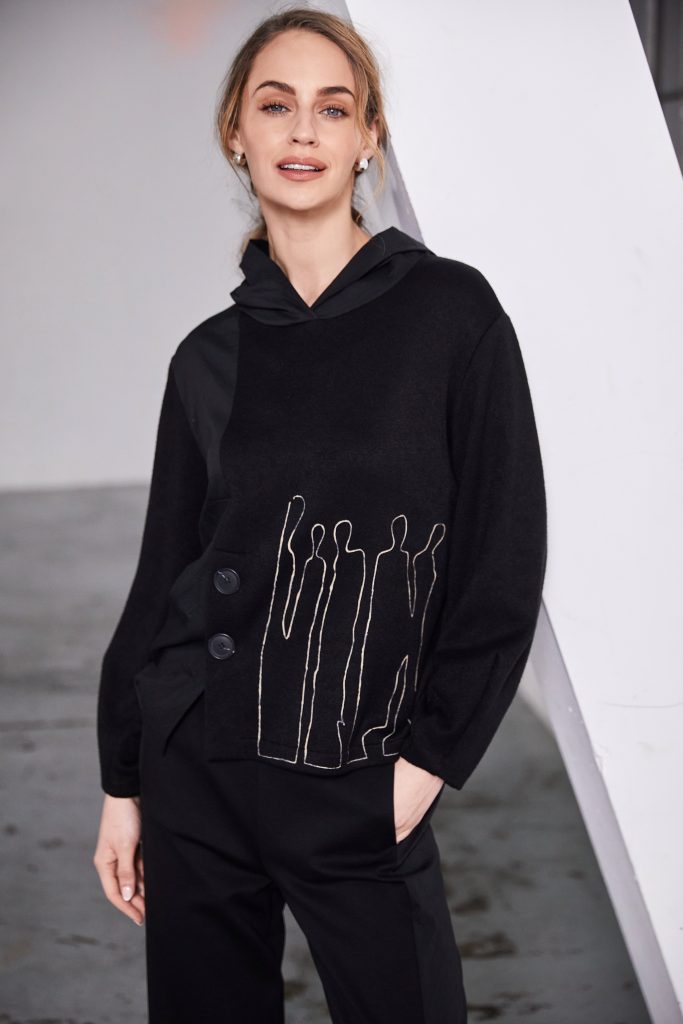 Placement print top with contrast hood and button detail-Black/Sand