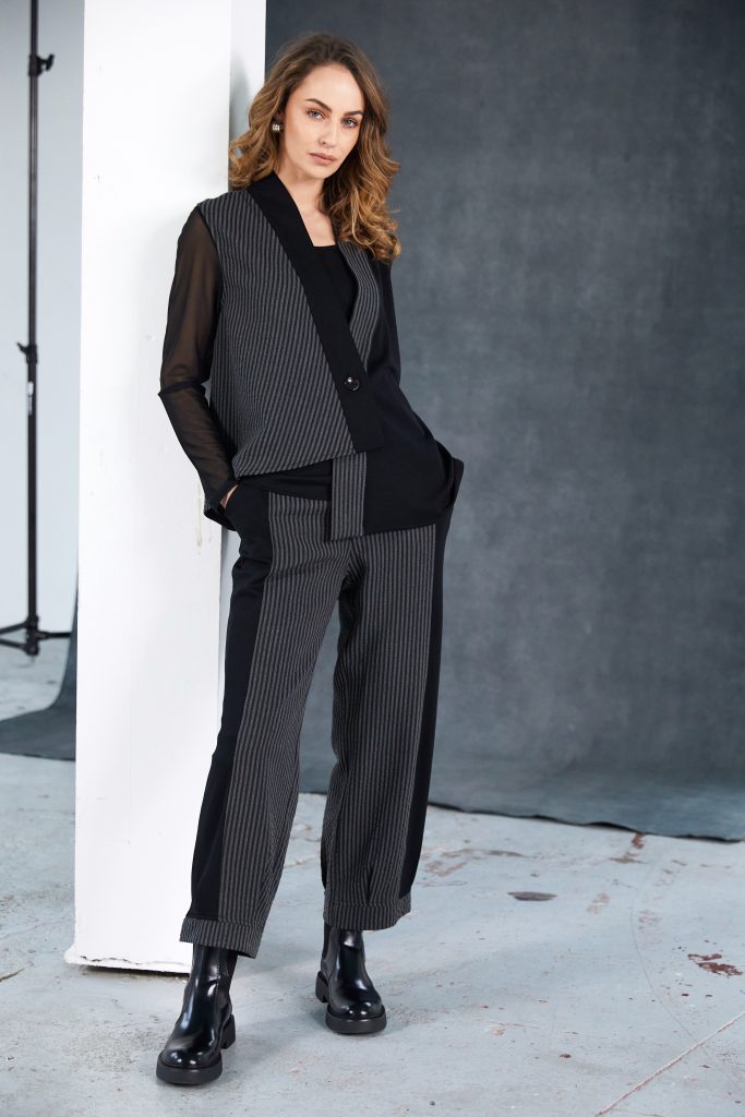 Striped angled waistcoat with contrast panels and button closing-Black/Grey