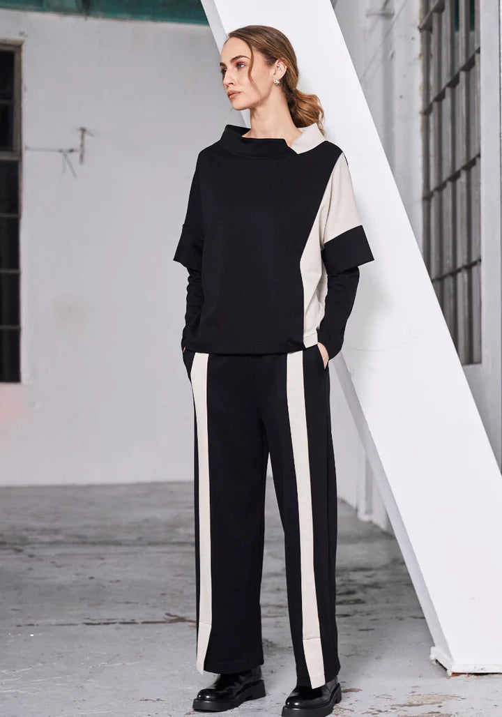 Wide leg trouser with contrast panel at front-Black/Sand