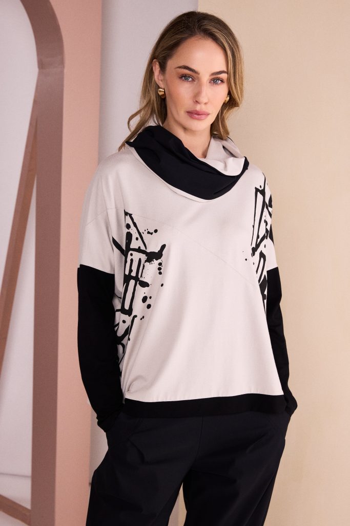 Placement Print Top With Front Angle Seam - Sand/Black NAW26140