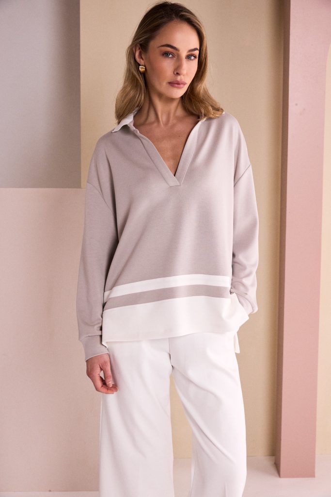 Placket Top With Collar And Contrast Hem Bands  - Mink/Cream NAW26134