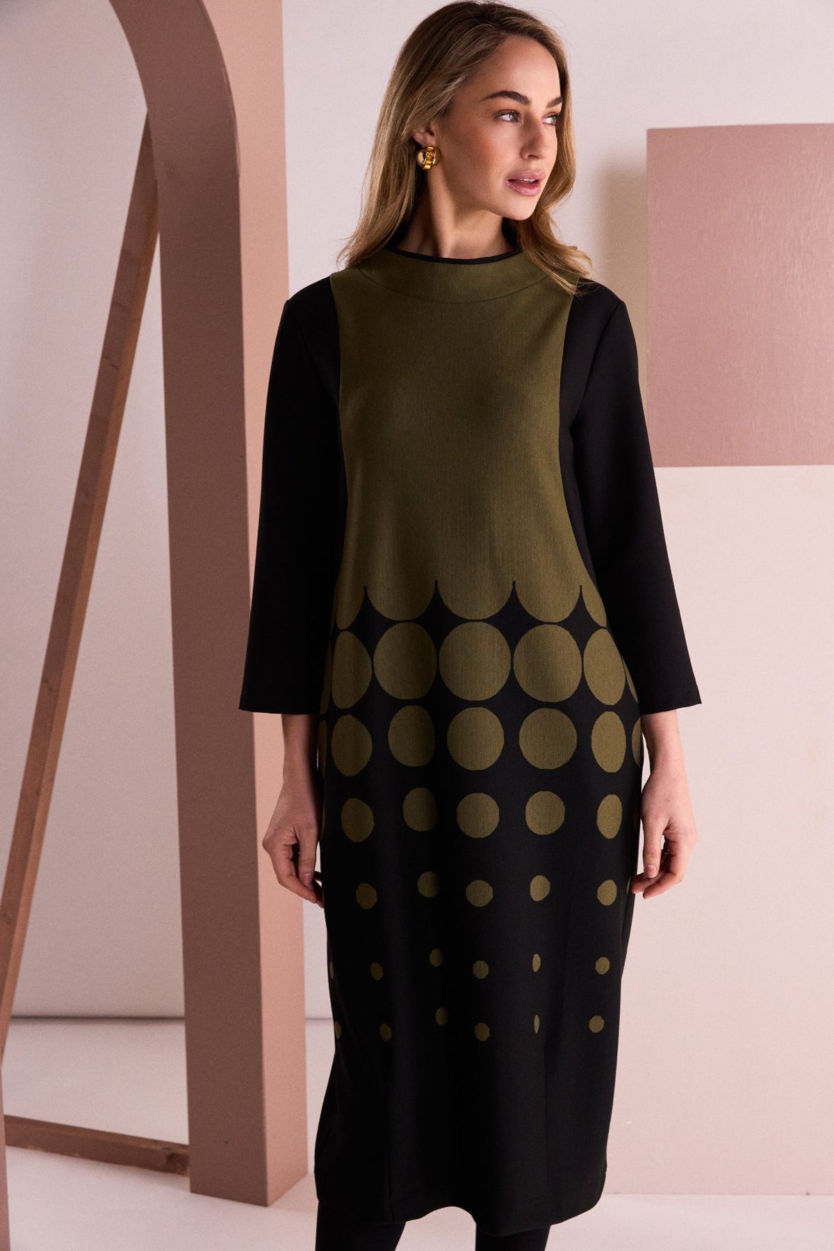 Spot Border Print High Neck Dress With Contrast Sleeve  Black/Avocado NAW26268