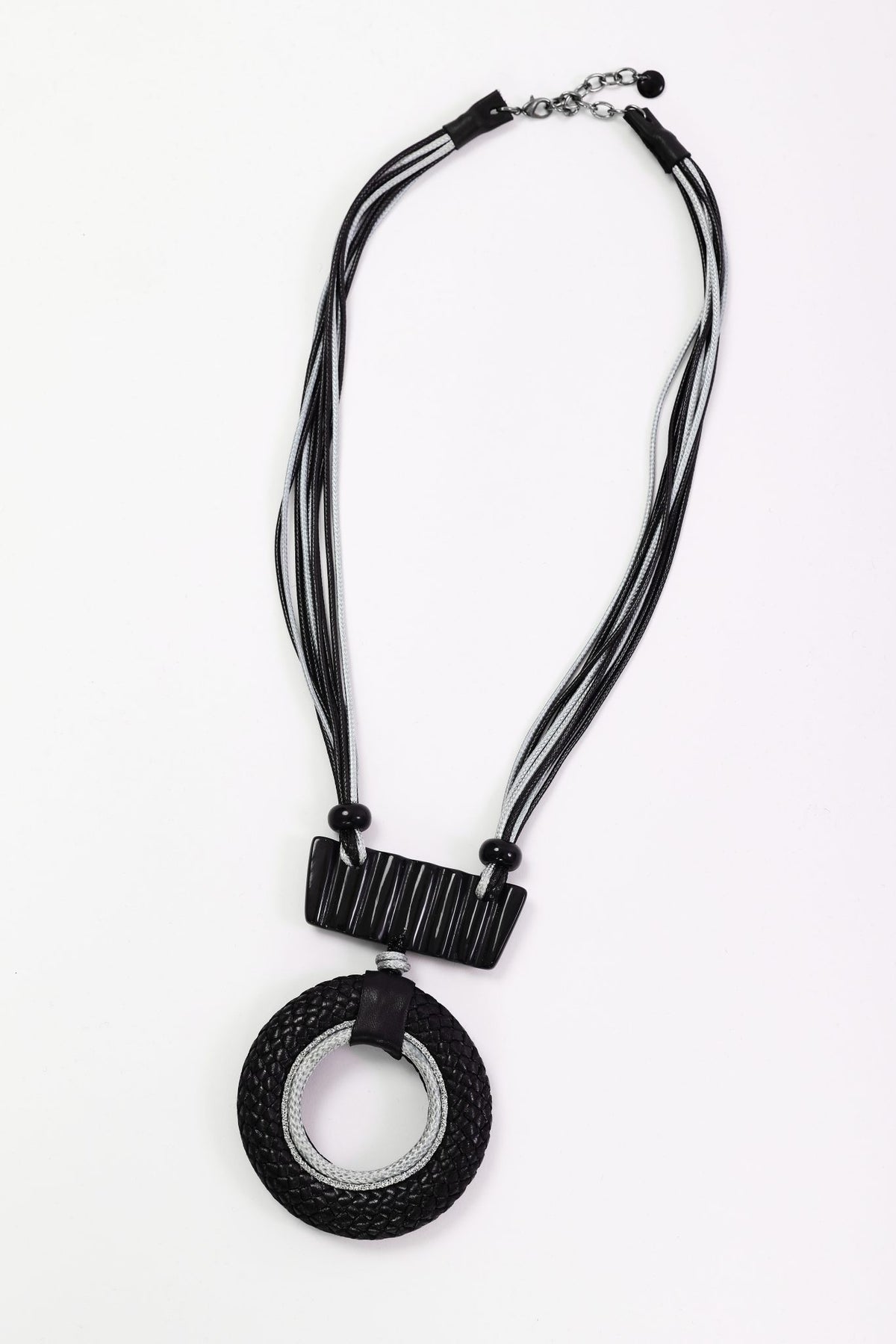 Leather Look Circle Necklace With Bar Trim -  Black/Silver  NAW26349