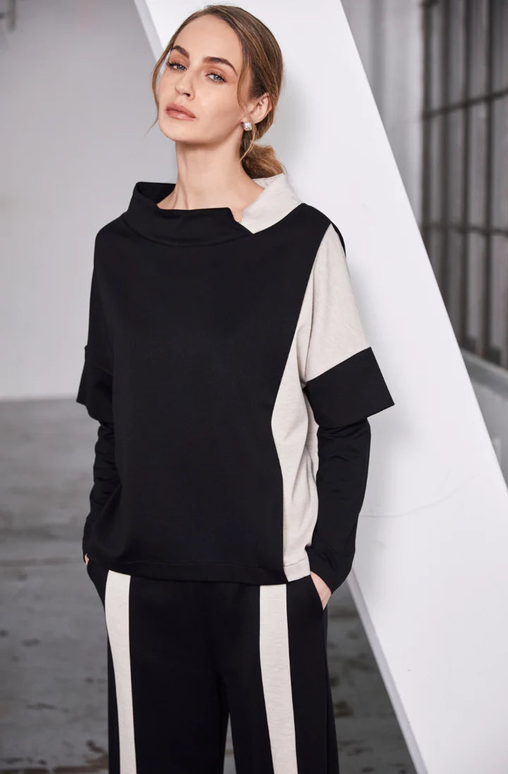 High neck top with contrast side and cut away collar-Black/Sand