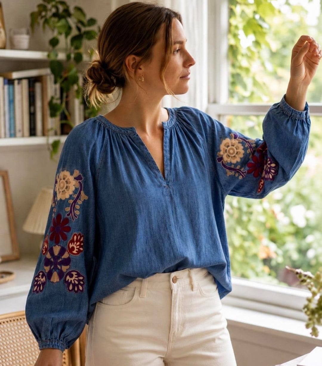 Embroidered Denim Blouse
