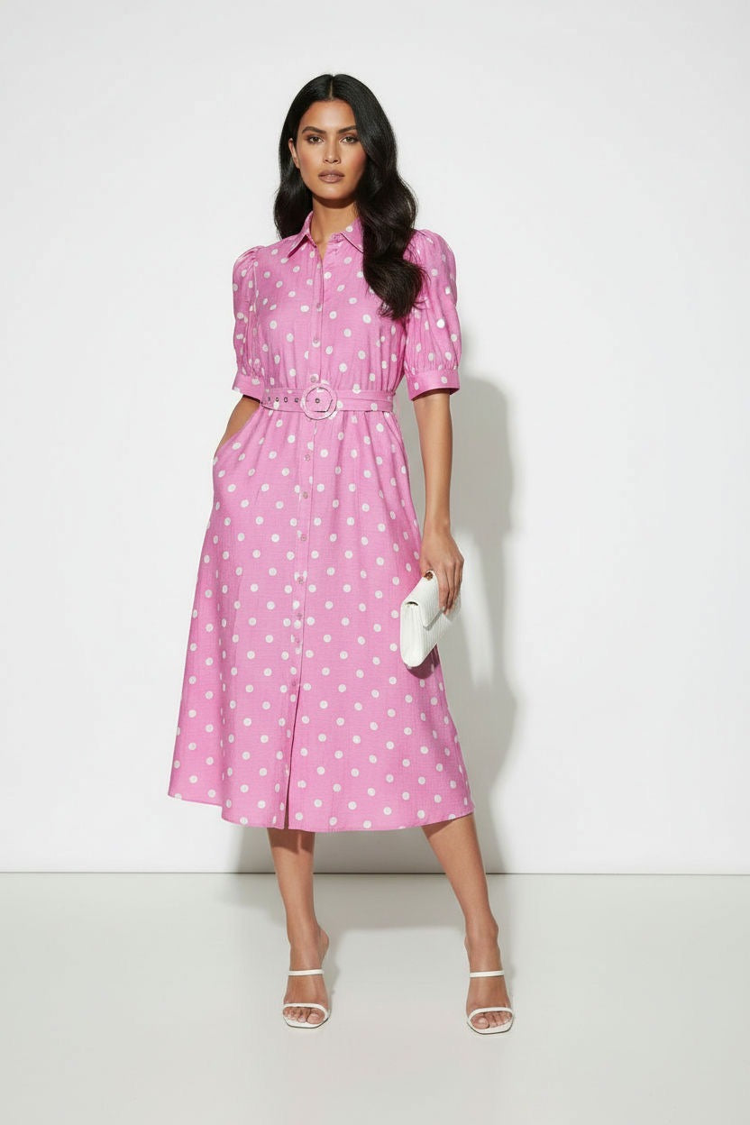 Spot Shirt Dress - Pink